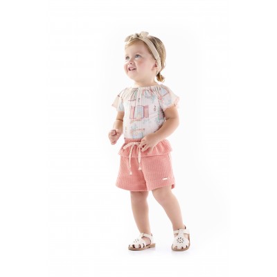 Conj. Body Gatinhos com Flores e Short - Areia e Rose